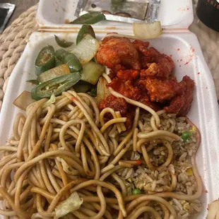 Orange chicken and vegetables I mean chili beef.