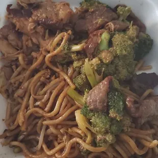 Broccoli beef, bbq chicken and chow main