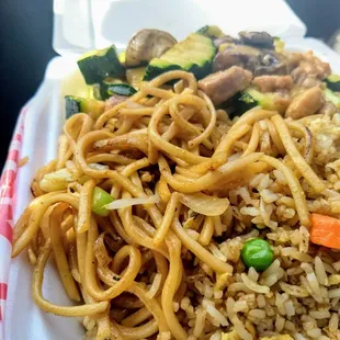 Chow Mein, Fried Rice, Chicken and Mushrooms in a 1 Item Combo. Great noodles!