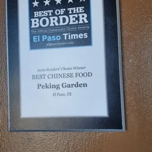best of the border award plaque