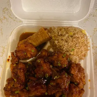 Orange chicken combo with fried rice. My favorite! I love Peking Garden.
