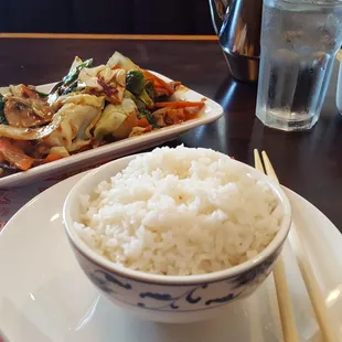 Lunch special - stir fried veggies with garlic sauce and white rice