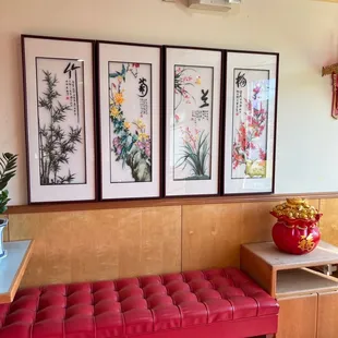 a red bench in a restaurant
