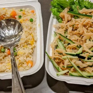 Veggie fried rice with eggs and cold jelly fish dish