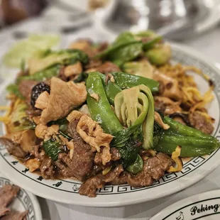 Thick noodles with chicken, beef, mushrooms and vegies.