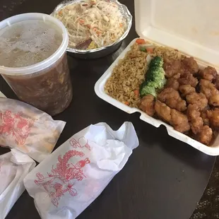 S7. General Tso's Chicken combo, 110. House Special Mei Fun, 17. Hot and Sour Soup (Large)