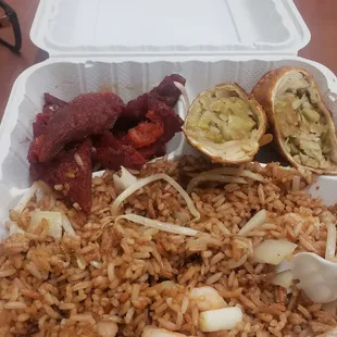 Sorry started eating before taking the picture almost forgot. Shrimp fried rice Bean sprout and onions, Pork spare ribs and 2 egg rolls.