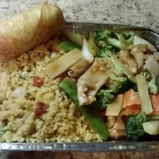 Szechuan Chicken Combo Plate. Indicated as hot &amp; spicy but not so much for our palate. Ask for additional heat for spicy.