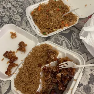Sesame chicken and combination fried rice with shrimp