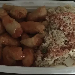 Sweet and Sour Chicken with Fried Rice (Sauce comes on the side; we put the sauce on)