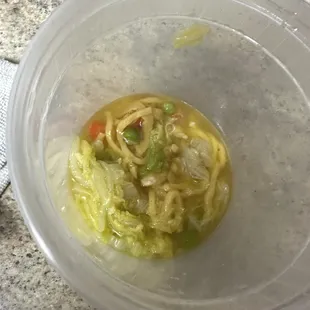 Lettuce peas and carrots in chicken noodle soup.