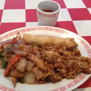 Sunday buffet with spring roll, fried rice, and chicken with veggies.