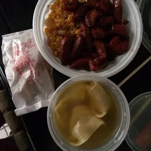 Yum! Boneless ribs with pork fried rice and wonton soup