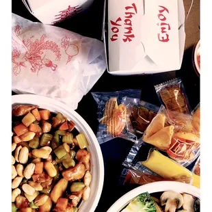 Take out Kung Pao Chicken, General Tso's chicken, Mixed Veggies, Cheese Wontons and Pork Eggrolls.