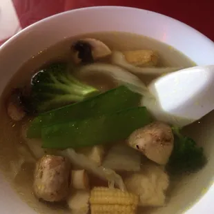 So their soup is salt and boiled veggies. Best dish on the whole menu though