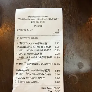 the receipt for the restaurant