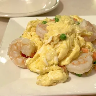 Fluffy scrambled eggs with shrimp. Yum!