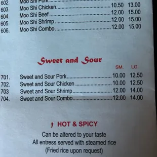 Moo shi and sweet and sour menu