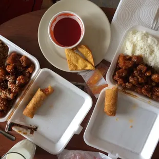 General tso chicken, sesame chicken, crab rangoons.