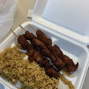 Chicken teriyaki on a stick with shrimp fried rice ($7.25)