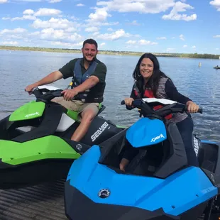 Joe Luehrs, The Marina Manager, and Tamara Wilkinson, The Lake House Manager, are the first to try out the new jet skis.