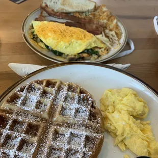 Waffle/eggs &amp; veggie omelette with hash browns and bacon