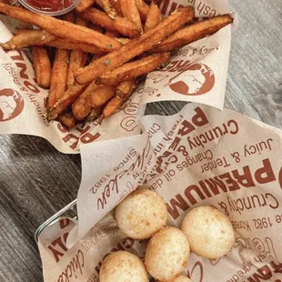 Sweet potato fries and peli cheese balls