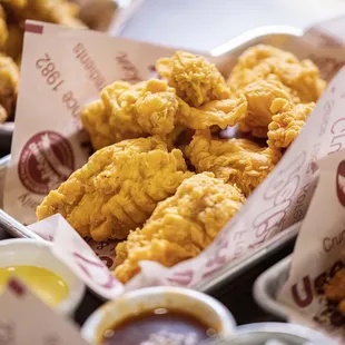 a tray of fried chicken