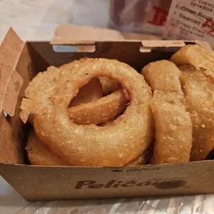 Delicious onion rings with superb batter and golden color.