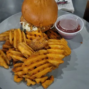 a burger and fries