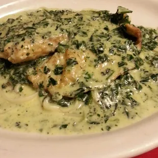 Tilapia Florentine, made with delicious Alfredo and spinach.