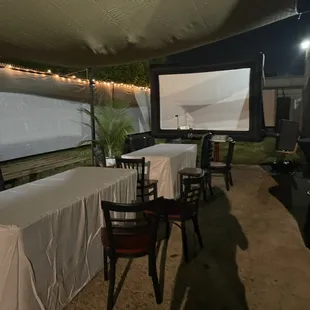 Outdoor patio on game night.