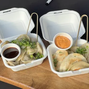 Boiled Pelmeshki, dumpling with beef and pork, and Pierogi, dumplings with potato and cheese