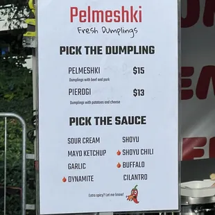 Pelmeshki fresh dumplings menu