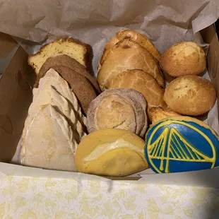 a box of bread and pastries