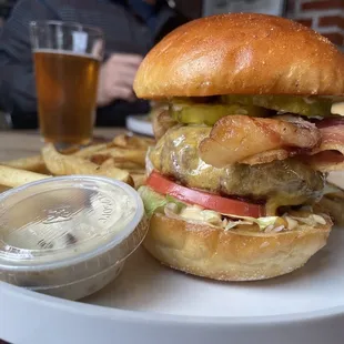 Burger!  Spicy mustard and bacon...A MUST HAVE.    Fries with garlic aioli