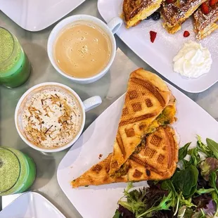 Berry French Toast, Rose Matcha, Lavender Matcha, Lillian Latte, The Womlette, Pesto Panini with Salad