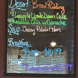 a menu on the wall