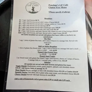 Gluten free menu