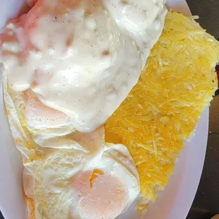Biscuits and gravy either hash and eggs made over easy