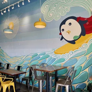 Surfing Pengo wall painting inside store