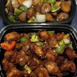 Eggplant in garlic sauce (top), Orange chicken (bottom)