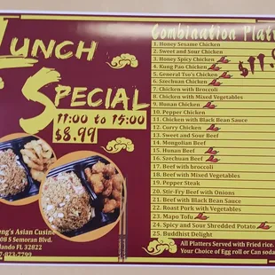 a menu for lunch special