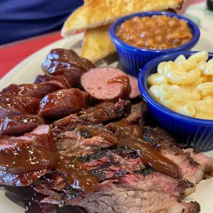 #2 Plate with Brisket and Polish sausage beans and Mac &amp; cheese