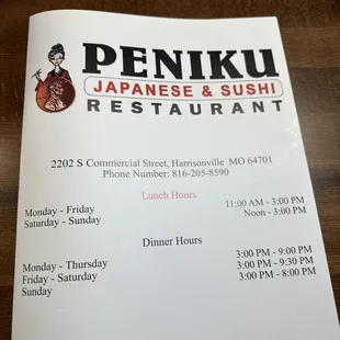 Front of the menu