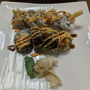 Two roll lunch: yummy roll (bottom) and shrimp tempura.