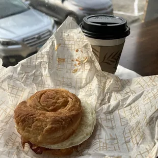 BEC croissant sandwich and hot cocoa