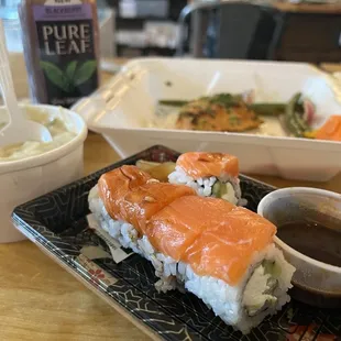 Hot pepper roll, Energy bowl, clam chowder cup, pure leave blackberry tea.