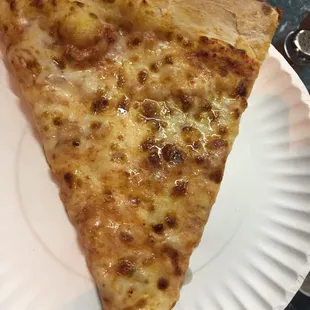 a slice of pizza on a paper plate