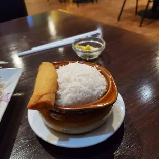 Jasmine rice and an egg roll